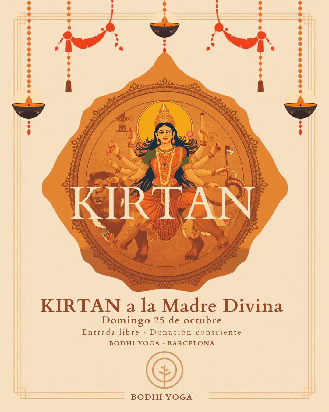 Poster: Kirtan to the Divine Mother, Sunday 25 October, free entry, conscious donation, Bodhi Yoga Barcelona
