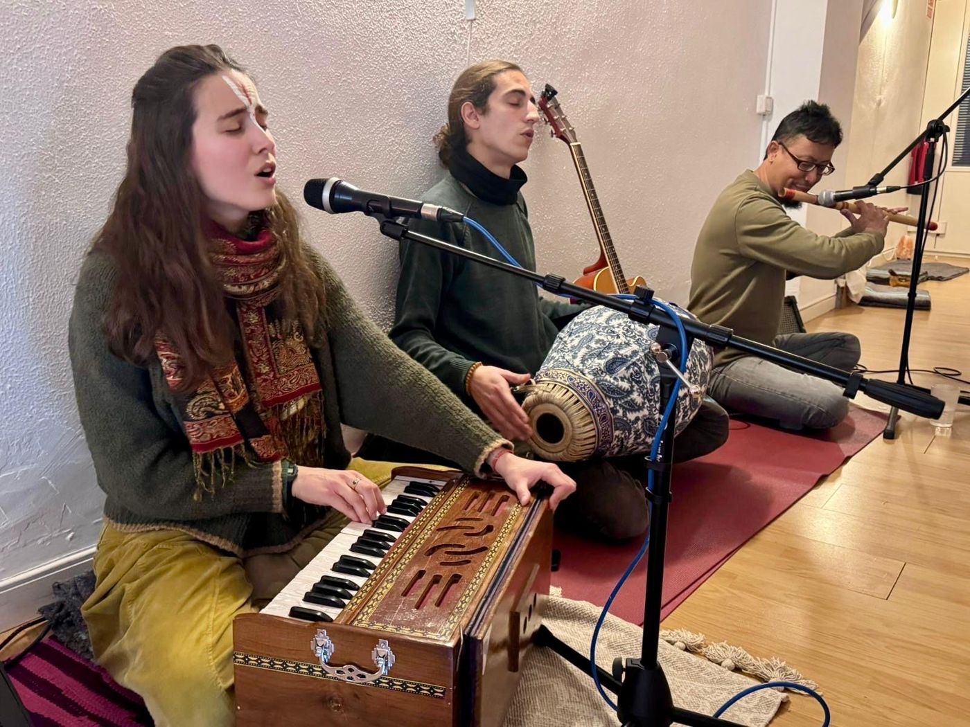 Kirtan in the studio with harmonium, tabla and flute