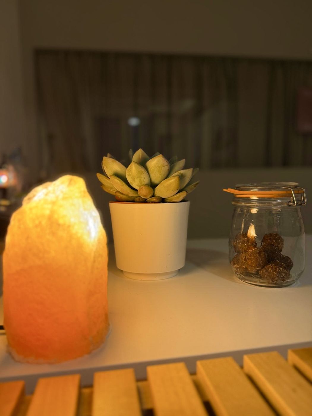 Lit salt lamp next to a plant in the studio