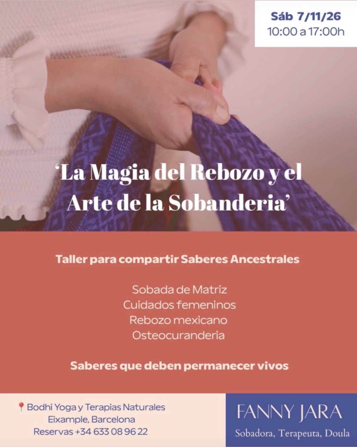 Poster for the workshop The Magic of the Rebozo and the Art of Sobandería with Fanny Jara, Saturday 7 November 2026